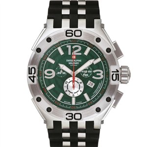 Swiss Alpine Military Aviator Supersize Chronograph Rubber Strap Green Dial Quartz 7033.9834 100M Men's Watch