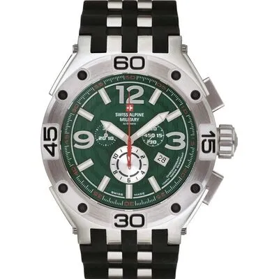 Swiss Alpine Military Aviator Supersize Chronograph Rubber Strap Green Dial Quartz 7033.9834 100M Men's Watch