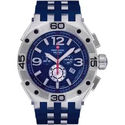 Swiss Alpine Military Aviator Supersize Chronograph Rubber Strap Blue Dial Quartz 7033.9835 100M Men's Watch