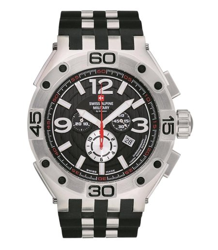 Swiss Alpine Military Aviator Supersize Chronograph Rubber Strap Black Dial Quartz 7033.9837 100M Men's Watch