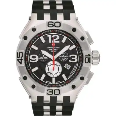 Swiss Alpine Military Aviator Supersize Chronograph Rubber Strap Black Dial Quartz 7033.9837 100M Men's Watch