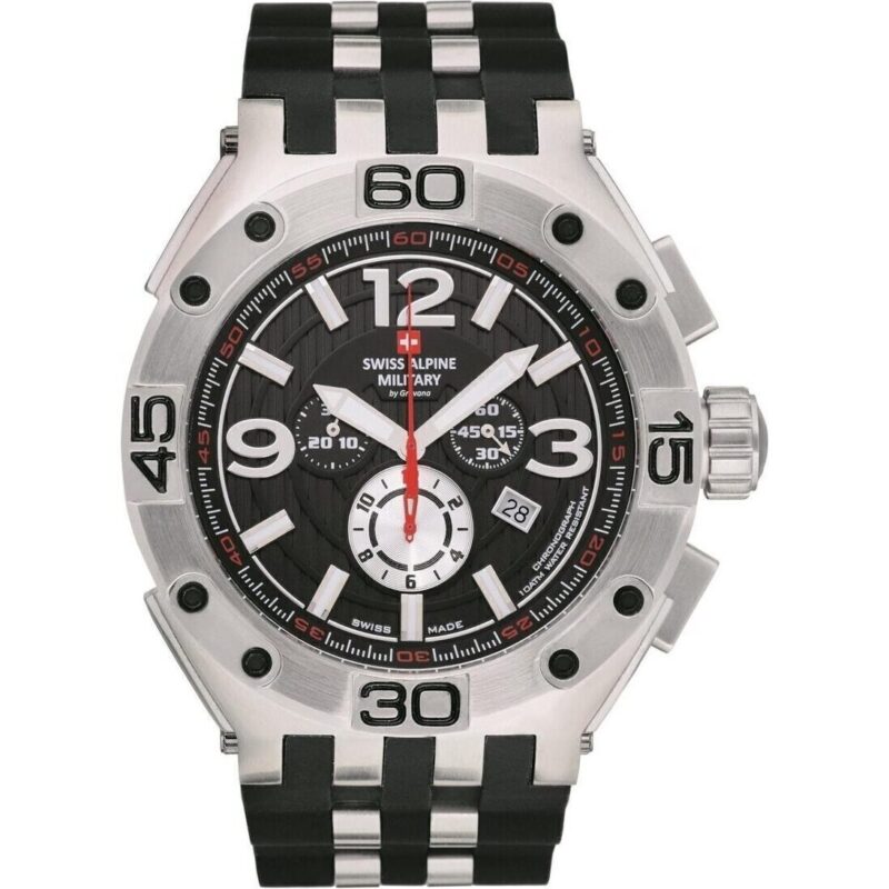 Swiss Alpine Military Aviator Supersize Chronograph Rubber Strap Black Dial Quartz 7033.9837 100M Men's Watch