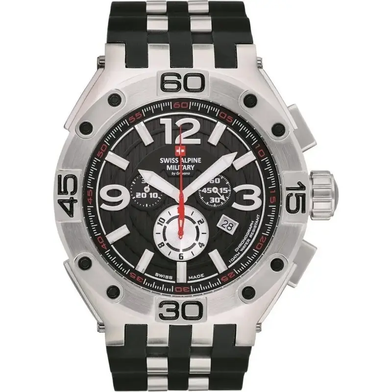 Swiss Alpine Military Aviator Supersize Chronograph Rubber Strap Black Dial Quartz 7033.9837 100M Men's Watch