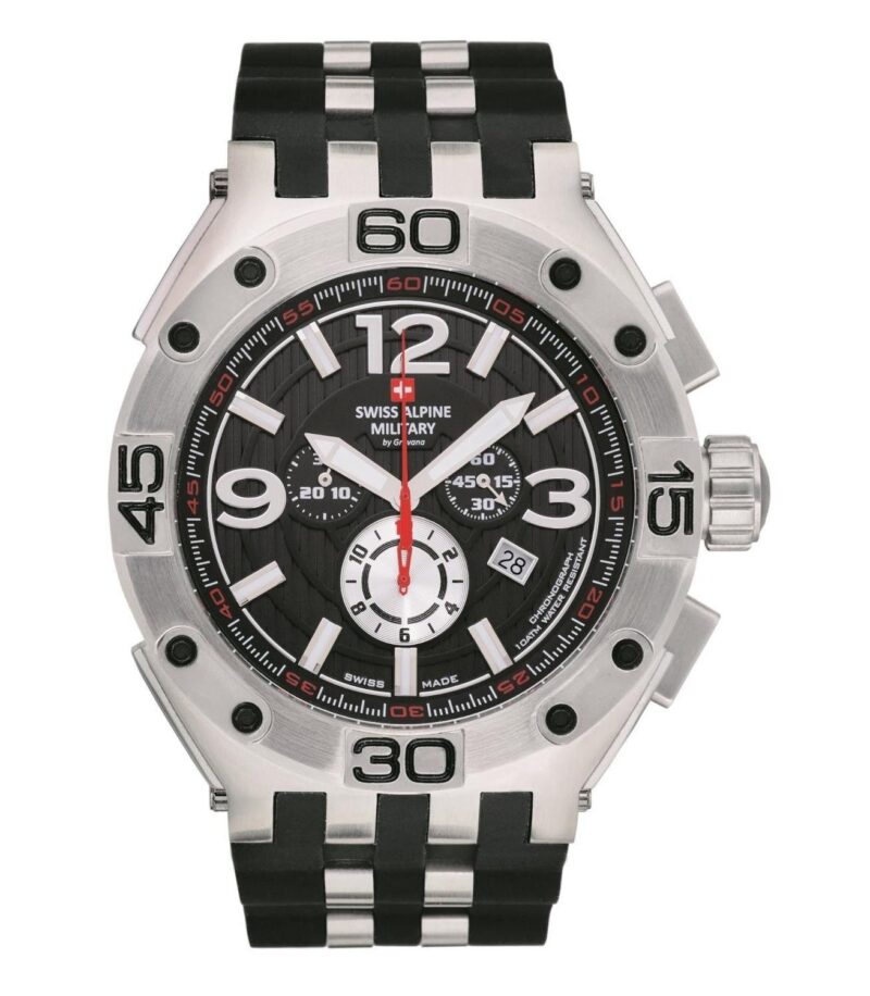 Swiss Alpine Military Aviator Supersize Chronograph Rubber Strap Black Dial Quartz 7033.9837 100M Men's Watch