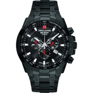 Swiss Alpine Military Star Fighter Stainless Steel Black Dial Quartz 7043.9177 100M Men's Watch