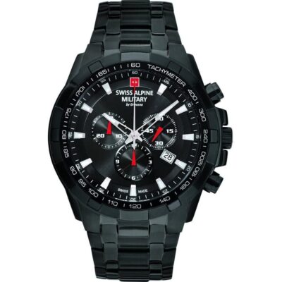 Swiss Alpine Military Star Fighter Stainless Steel Black Dial Quartz 7043.9177 100M Men's Watch