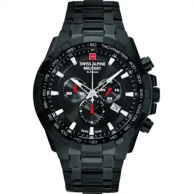 Swiss Alpine Military Star Fighter Stainless Steel Black Dial Quartz 7043.9177 100M Men's Watch