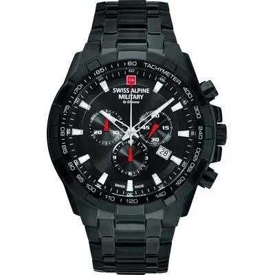 Swiss Alpine Military Star Fighter Stainless Steel Black Dial Quartz 7043.9177 100M Men's Watch