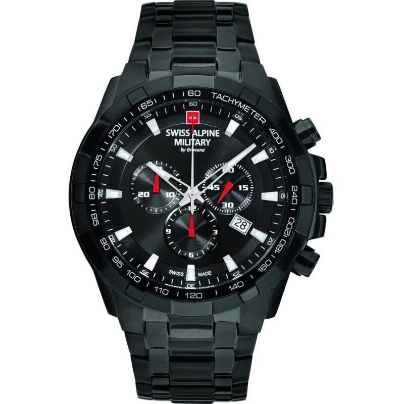 Swiss Alpine Military Star Fighter Stainless Steel Black Dial Quartz 7043.9177 100M Men's Watch