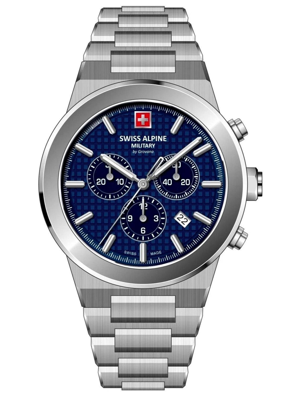 Swiss Alpine Military Pioneer Chronograph Stainless Steel Blue Dial Quartz 7048.9135 100M Men's Watch