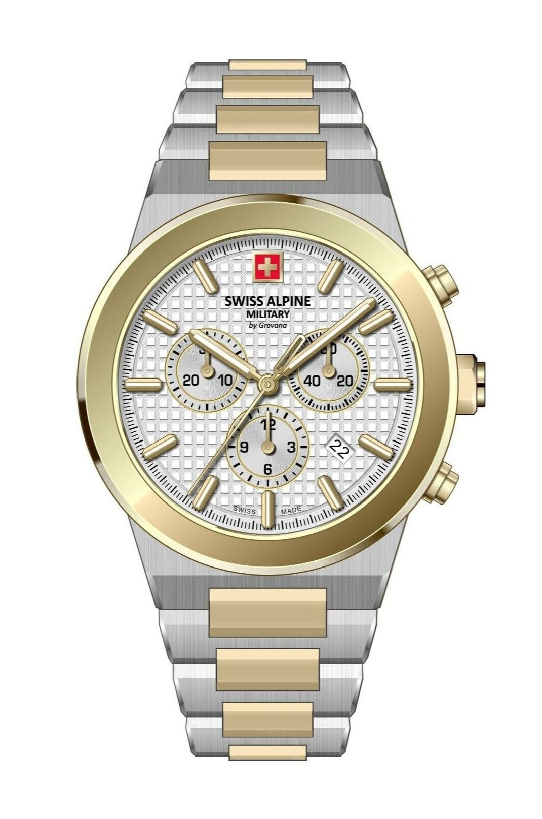 Swiss Alpine Military Pioneer Chronograph Two Tone Stainless Steel Silver Dial Quartz 7048.9142 100M Men's Watch