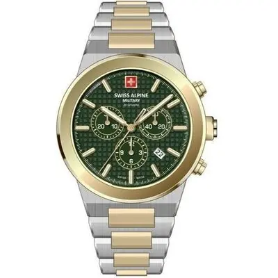 Swiss Alpine Military Pioneer Chronograph Two Tone Stainless Steel Green Dial Quartz 7048.9144 100M Men's Watch