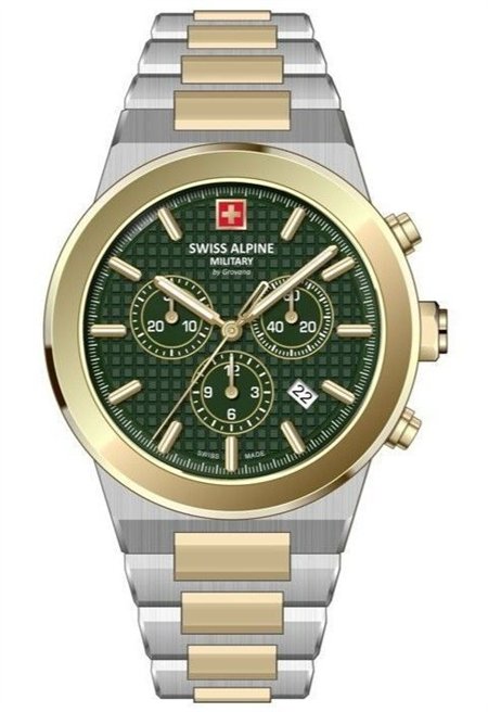Swiss Alpine Military Pioneer Chronograph Two Tone Stainless Steel Green Dial Quartz 7048.9144 100M Men's Watch