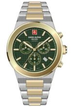 Swiss Alpine Military Pioneer Chronograph Two Tone Stainless Steel Green Dial Quartz 7048.9144 100M Men's Watch