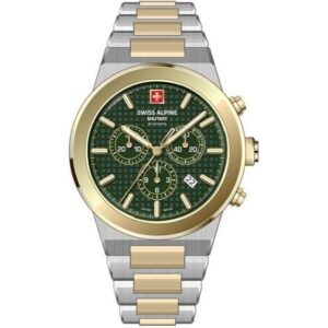 Swiss Alpine Military Pioneer Chronograph Two Tone Stainless Steel Green Dial Quartz 7048.9144 100M Men's Watch