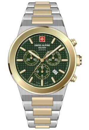 Swiss Alpine Military Pioneer Chronograph Two Tone Stainless Steel Green Dial Quartz 7048.9144 100M Men's Watch