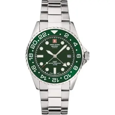 Swiss Alpine Military Master Diver GMT Stainless Steel Green Dial Quartz 7052.1134 100M Men's Watch