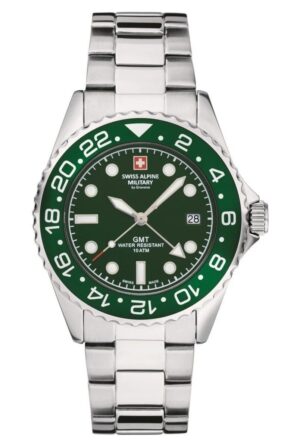 Swiss Alpine Military Master Diver GMT Stainless Steel Green Dial Quartz 7052.1134 100M Men's Watch