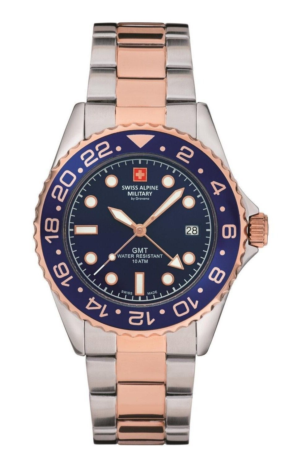 Swiss Alpine Military Master Diver GMT Two Tone Stainless Steel Blue Dial Quartz 7052.1155 100M Men's Watch