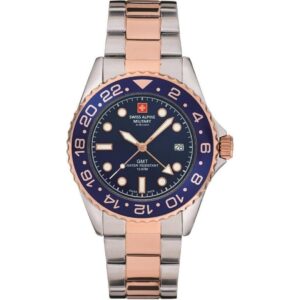 Swiss Alpine Military Master Diver GMT Two Tone Stainless Steel Blue Dial Quartz 7052.1155 100M Men's Watch