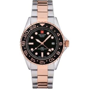 Swiss Alpine Military Master Diver GMT Two Tone Stainless Steel Black Dial Quartz 7052.1157 100M Men's Watch