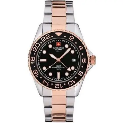 Swiss Alpine Military Master Diver GMT Two Tone Stainless Steel Black Dial Quartz 7052.1157 100M Men's Watch