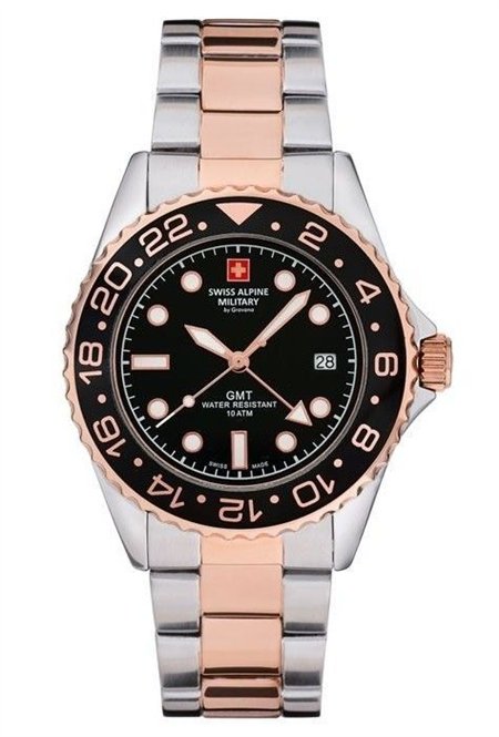 Swiss Alpine Military Master Diver GMT Two Tone Stainless Steel Black Dial Quartz 7052.1157 100M Men's Watch