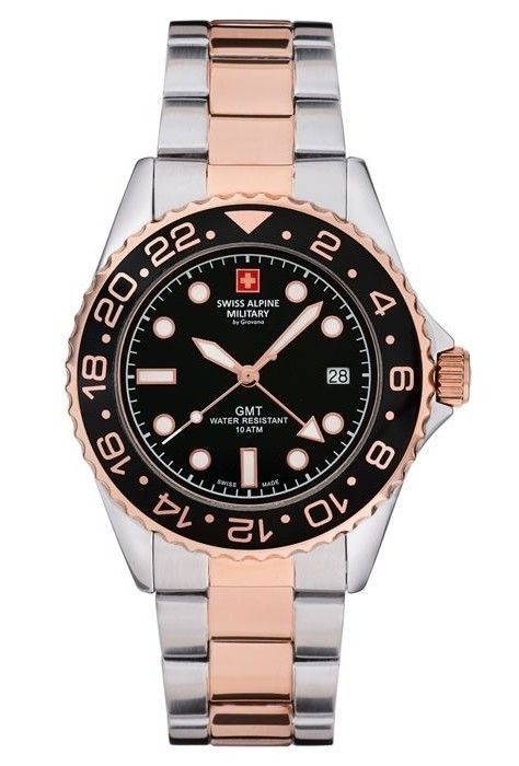 Swiss Alpine Military Master Diver GMT Two Tone Stainless Steel Black Dial Quartz 7052.1157 100M Men's Watch