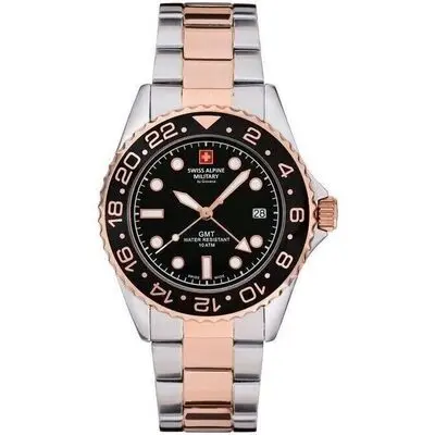 Swiss Alpine Military Master Diver GMT Two Tone Stainless Steel Black Dial Quartz 7052.1157 100M Men's Watch