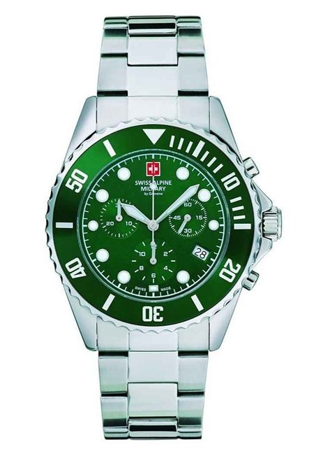 Swiss Alpine Military Master Diver Chronograph Stainless Steel Green Dial Quartz 7053.9134 100M Men's Watch