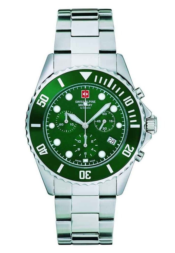 Swiss Alpine Military Master Diver Chronograph Stainless Steel Green Dial Quartz 7053.9134 100M Men's Watch