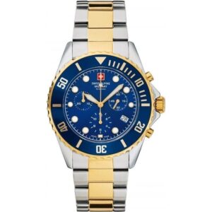 Swiss Alpine Military Master Diver Chronograph Two Tone Stainless Steel Blue Dial Quartz 7053.9145 100M Men's Watch