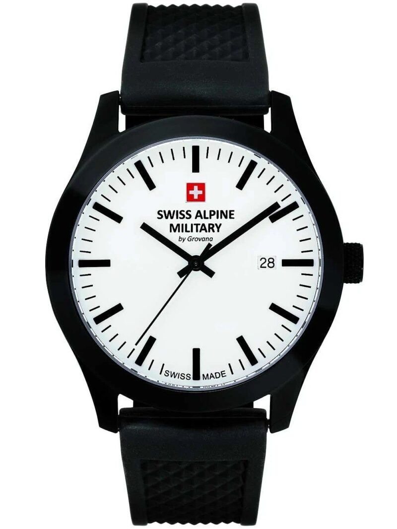 Swiss Alpine Military Combat Basic Rubber Strap White Dial Quartz 7055.1873 100M Men's Watch
