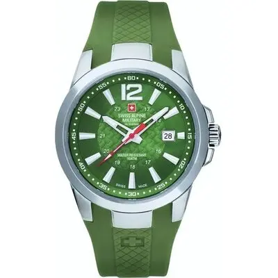 Swiss Alpine Military Combat Air Rubber Strap Green Dial Quartz 7058.1838 100M Men's Watch