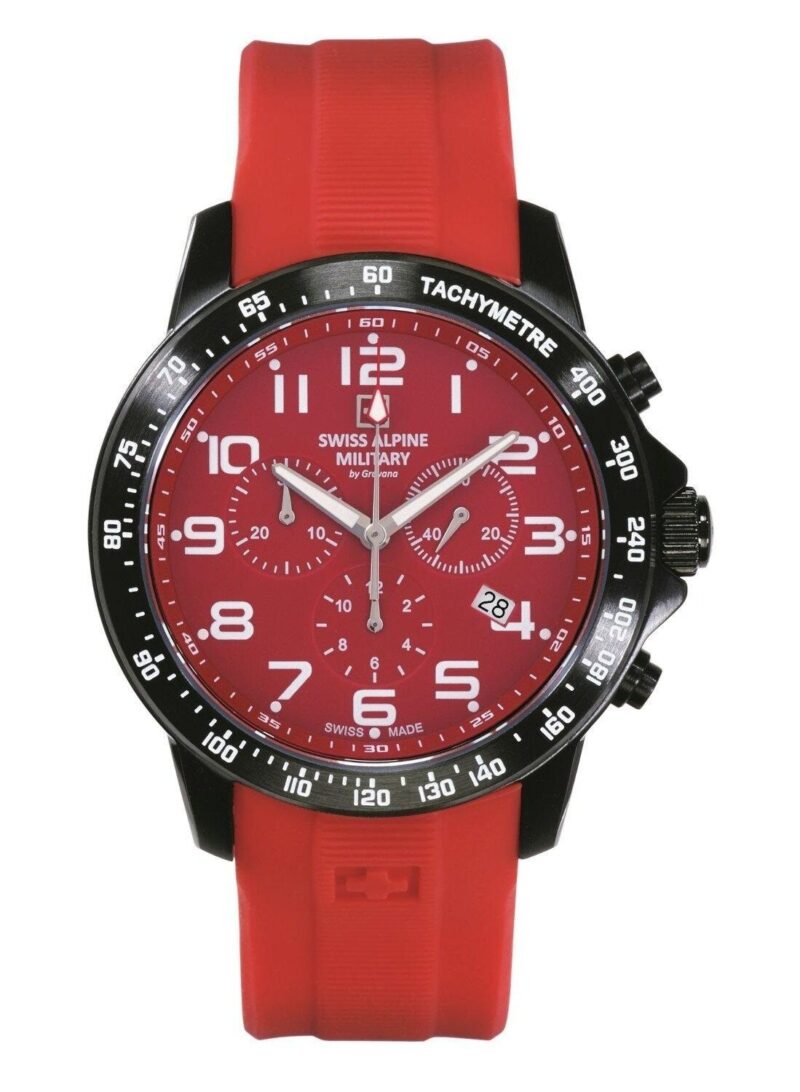 Swiss Alpine Military Ranger Chronograph Rubber Strap Red Dial Quartz 7064.9876 100M Men's Watch