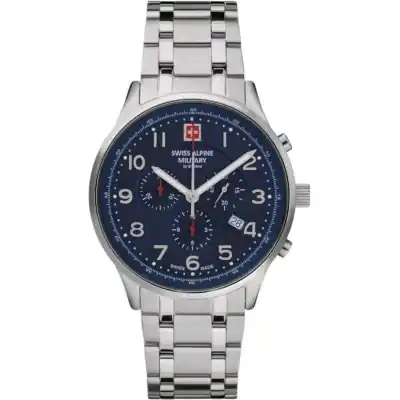 Swiss Alpine Military Skymaster Chronograph Stainless Steel Blue Dial Quartz 7084.9135 100M Men's Watch