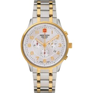 Swiss Alpine Military Skymaster Chronograph Two Tone Stainless Steel Silver Dial Quartz 7084.9142 100M Men's Watch