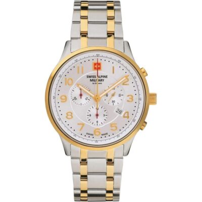 Swiss Alpine Military Skymaster Chronograph Two Tone Stainless Steel Silver Dial Quartz 7084.9142 100M Men's Watch