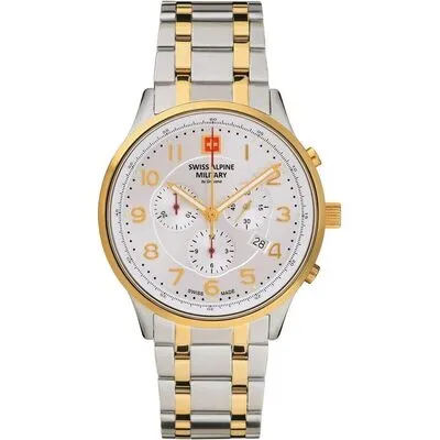 Swiss Alpine Military Skymaster Chronograph Two Tone Stainless Steel Silver Dial Quartz 7084.9142 100M Men's Watch