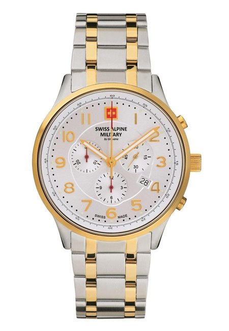 Swiss Alpine Military Skymaster Chronograph Two Tone Stainless Steel Silver Dial Quartz 7084.9142 100M Men's Watch