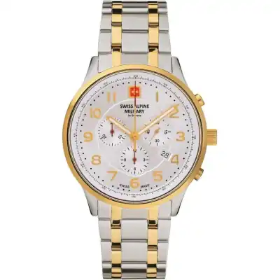 Swiss Alpine Military Skymaster Chronograph Two Tone Stainless Steel Silver Dial Quartz 7084.9142 100M Men's Watch