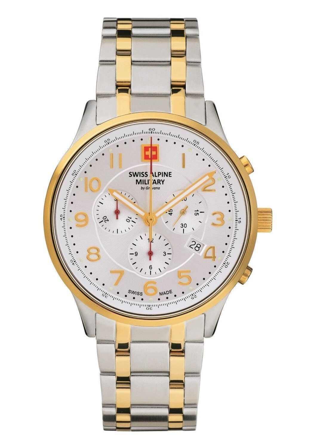 Swiss Alpine Military Skymaster Chronograph Two Tone Stainless Steel Silver Dial Quartz 7084.9142 100M Men's Watch