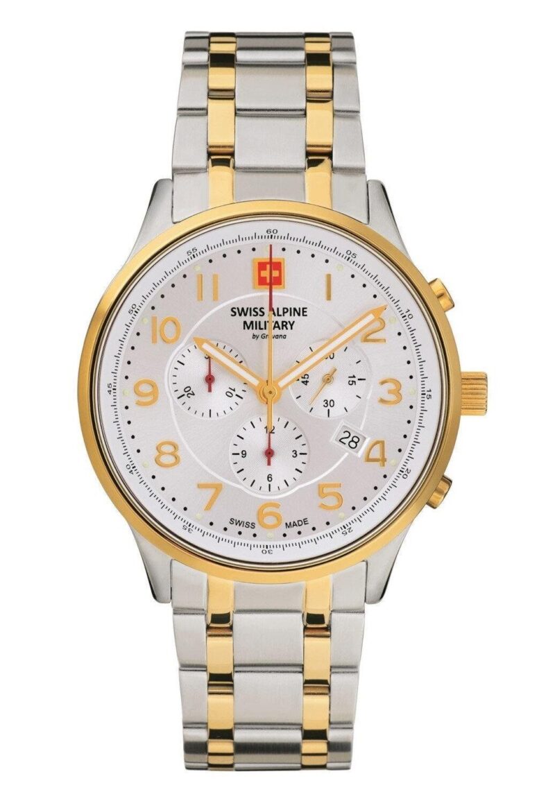 Swiss Alpine Military Skymaster Chronograph Two Tone Stainless Steel Silver Dial Quartz 7084.9142 100M Men's Watch