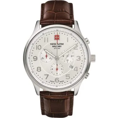 Swiss Alpine Military Skymaster Chronograph Leather Strap Silver Dial Quartz 7084.9532 100M Men's Watch