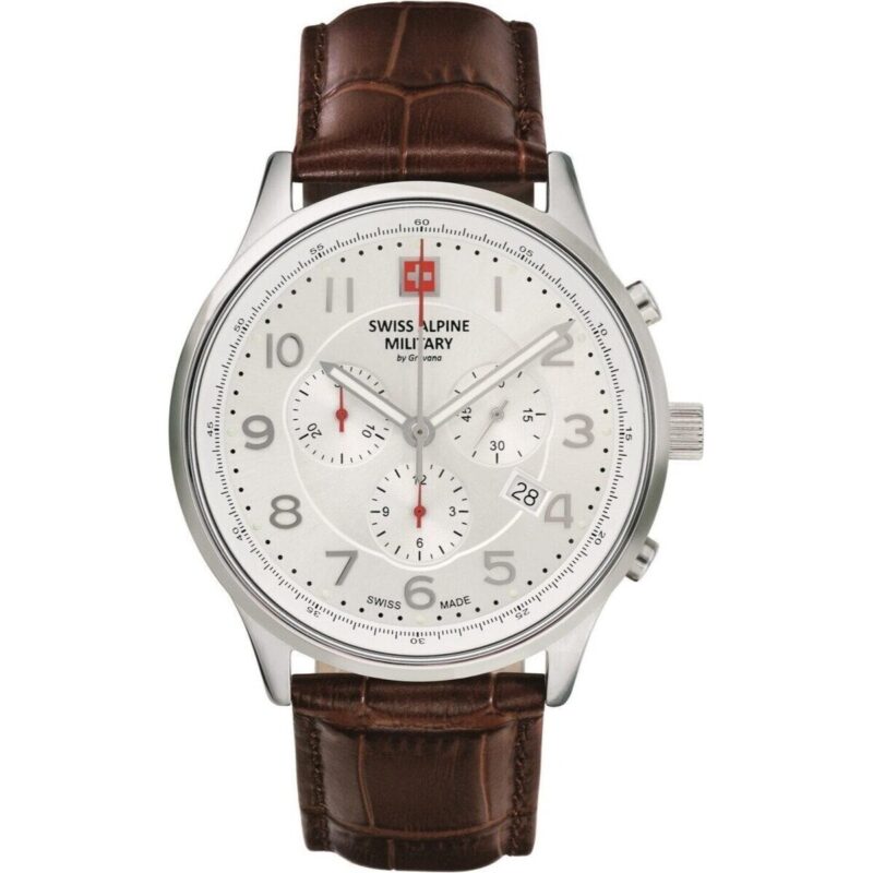 Swiss Alpine Military Skymaster Chronograph Leather Strap Silver Dial Quartz 7084.9532 100M Men's Watch