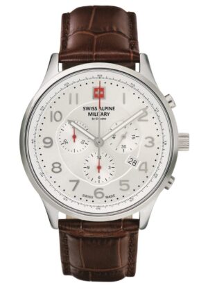 Swiss Alpine Military Skymaster Chronograph Leather Strap Silver Dial Quartz 7084.9532 100M Men's Watch