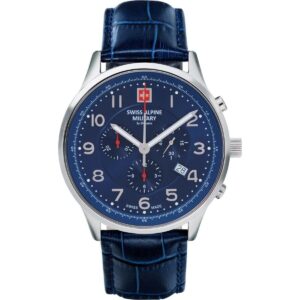 Swiss Alpine Military Skymaster Chronograph Leather Strap Blue Dial Quartz 7084.9535 100M Men's Watch