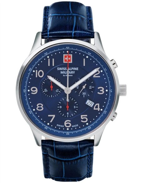Swiss Alpine Military Skymaster Chronograph Leather Strap Blue Dial Quartz 7084.9535 100M Men's Watch