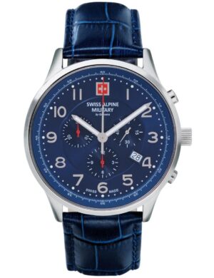 Swiss Alpine Military Skymaster Chronograph Leather Strap Blue Dial Quartz 7084.9535 100M Men's Watch