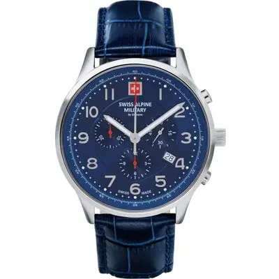 Swiss Alpine Military Skymaster Chronograph Leather Strap Blue Dial Quartz 7084.9535 100M Men's Watch